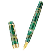 Asvine P20 Piston Fountain Pen Extra Fine Point, Green Marble Acrylic Gold Trim Smooth Writer Collection with Case Set